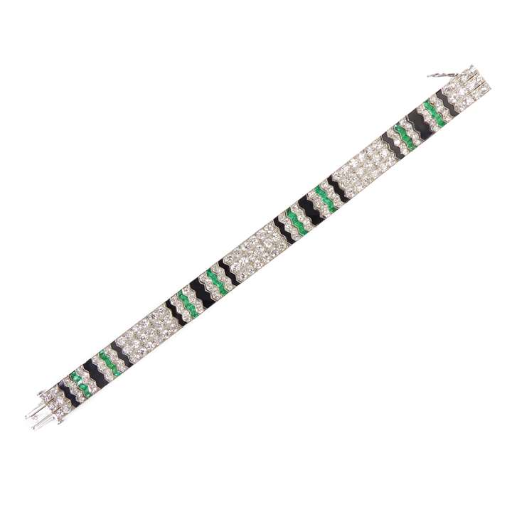 Art Deco diamond, emerald and onyx strap bracelet